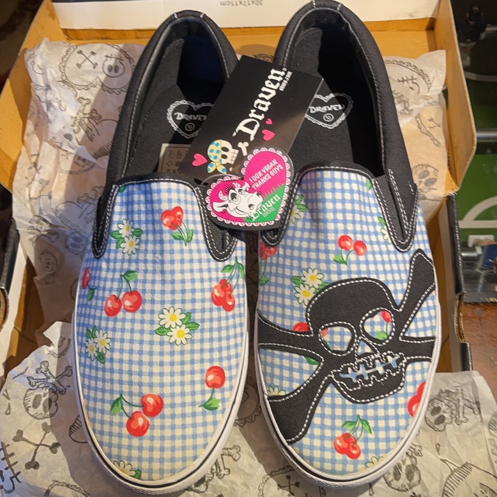 DRAVEN SHOES Skull💀&Gingham Cherries🍒 Era 2000-2009 NWT BLUE/BLACK 100% VEGAN